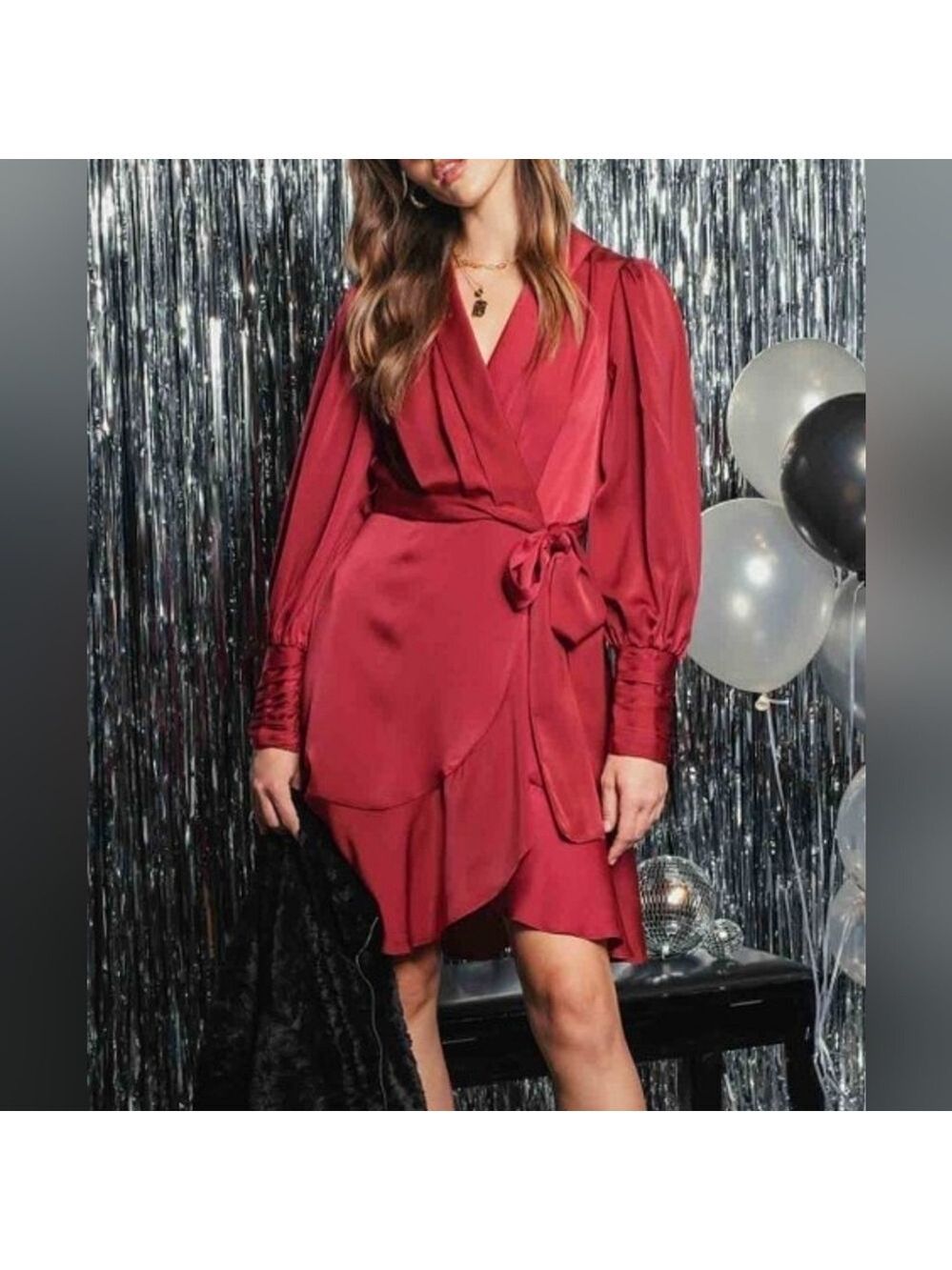 Blu Pepper Burgundy Ruffle-Accent Midi Wrap Dress Medium - New With Tags